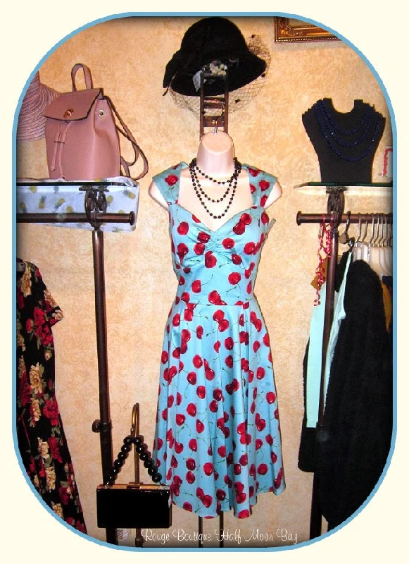 Hostess Dress in turquoise with red cherries Chiffon unclassified dresses