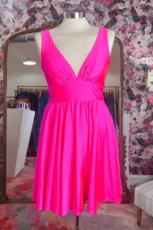 Hot Pink Deep V Neck A-line Satin Homecoming Dress Minimalist unclassified dresses