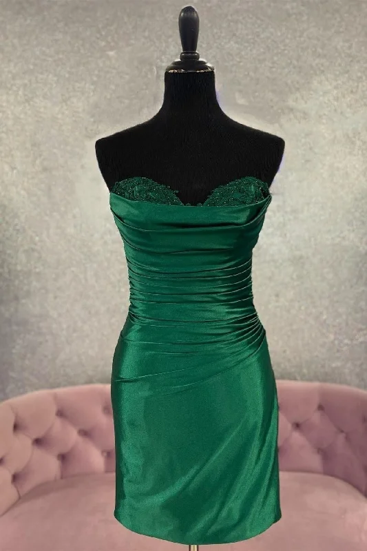 Hunter Green Strapless Beaded Pleated Sheath Homecoming Dress Lace unclassified dresses