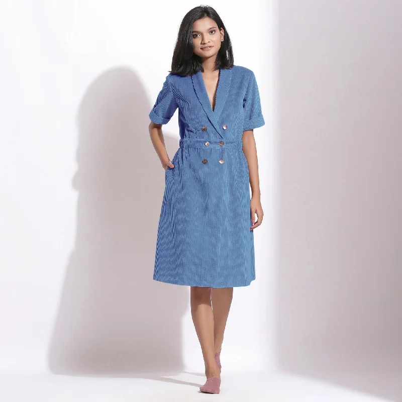 Ice Blue Warm Cotton Corduroy Knee Length Coat Dress Dark color unclassified dresses