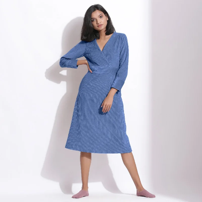 Ice Blue Warm Cotton Corduroy Knee Length Dress Striped unclassified dresses