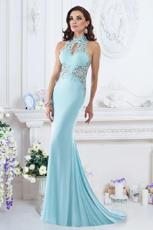 Janique - W974SC Embroidered Halter Mermaid Gown In Aqua Holiday unclassified dresses