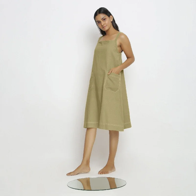 Khakhi Green Handspun Cotton Knee Length Slip Dress Striped unclassified dresses