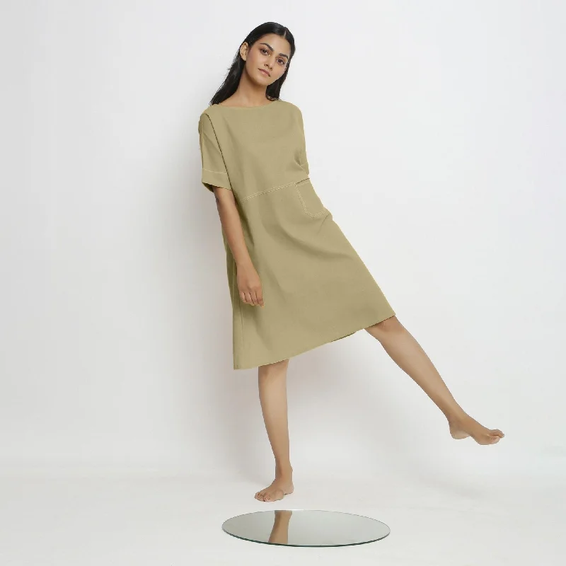 Khakhi Green Handspun Cotton Knee Length Yoked Dress Best-selling unclassified dresses