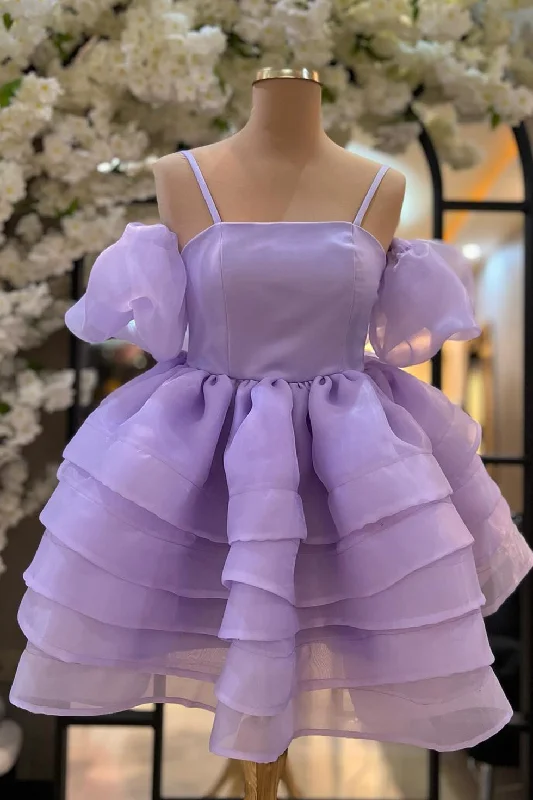 Lavender Cold Shoulder Straps Puff Sleeves Layers Homecoming Dress Lace unclassified dresses