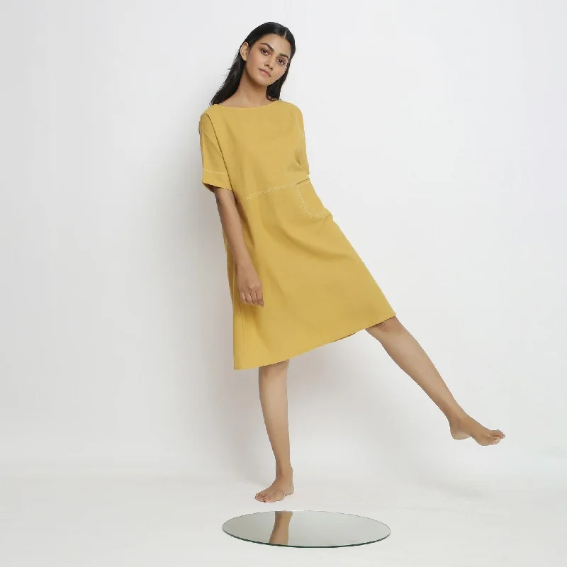 Light Yellow Handspun Cotton Knee Length Yoked Dress Club unclassified dresses