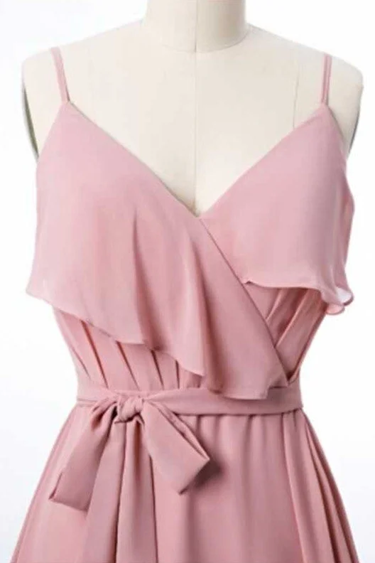 Mauve Pink Chiffon Spaghetti Straps Ruffled A-Line Bridesmaid Dress Preppy unclassified dresses