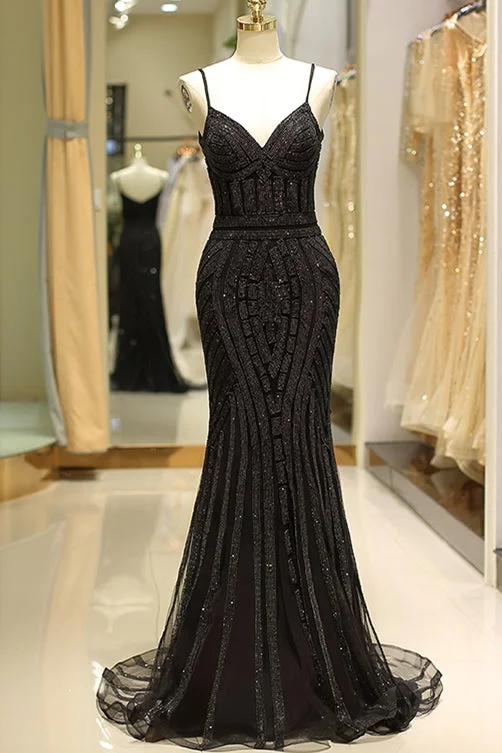 Mermaid Spaghetti Strap Black Beaded Formal Evening Dress Trendy unclassified dresses