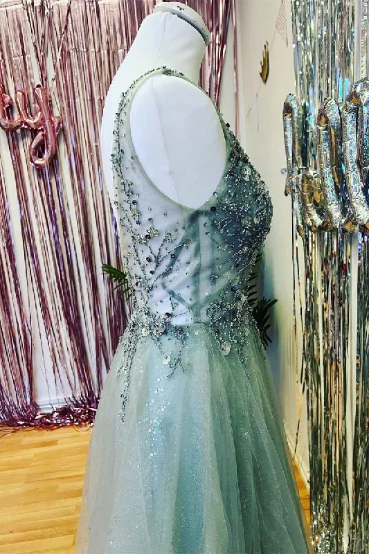 Mint Green Beaded V-Neck Backless A-Line Prom Dress Casual chic unclassified dresses