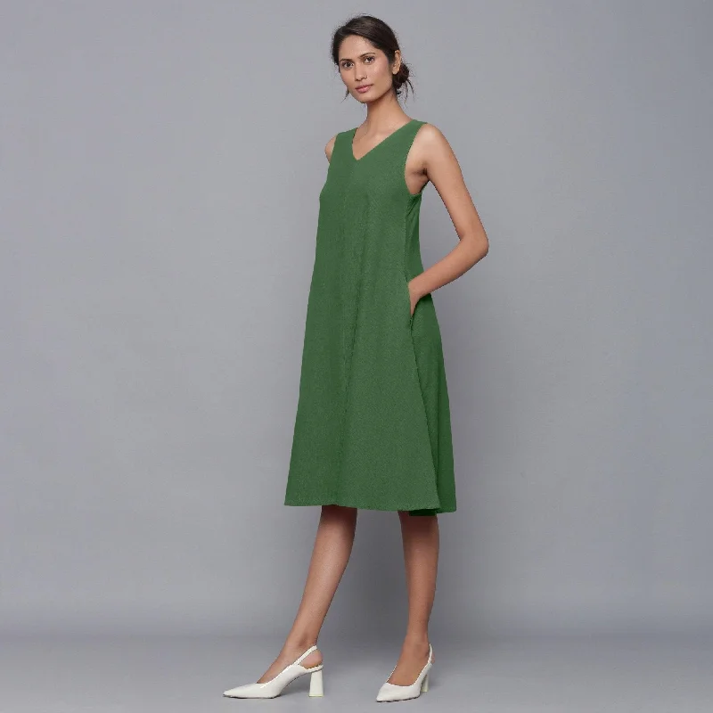 Moss Green Warm Cotton Corduroy Knee Length Flared Dress Casual chic unclassified dresses