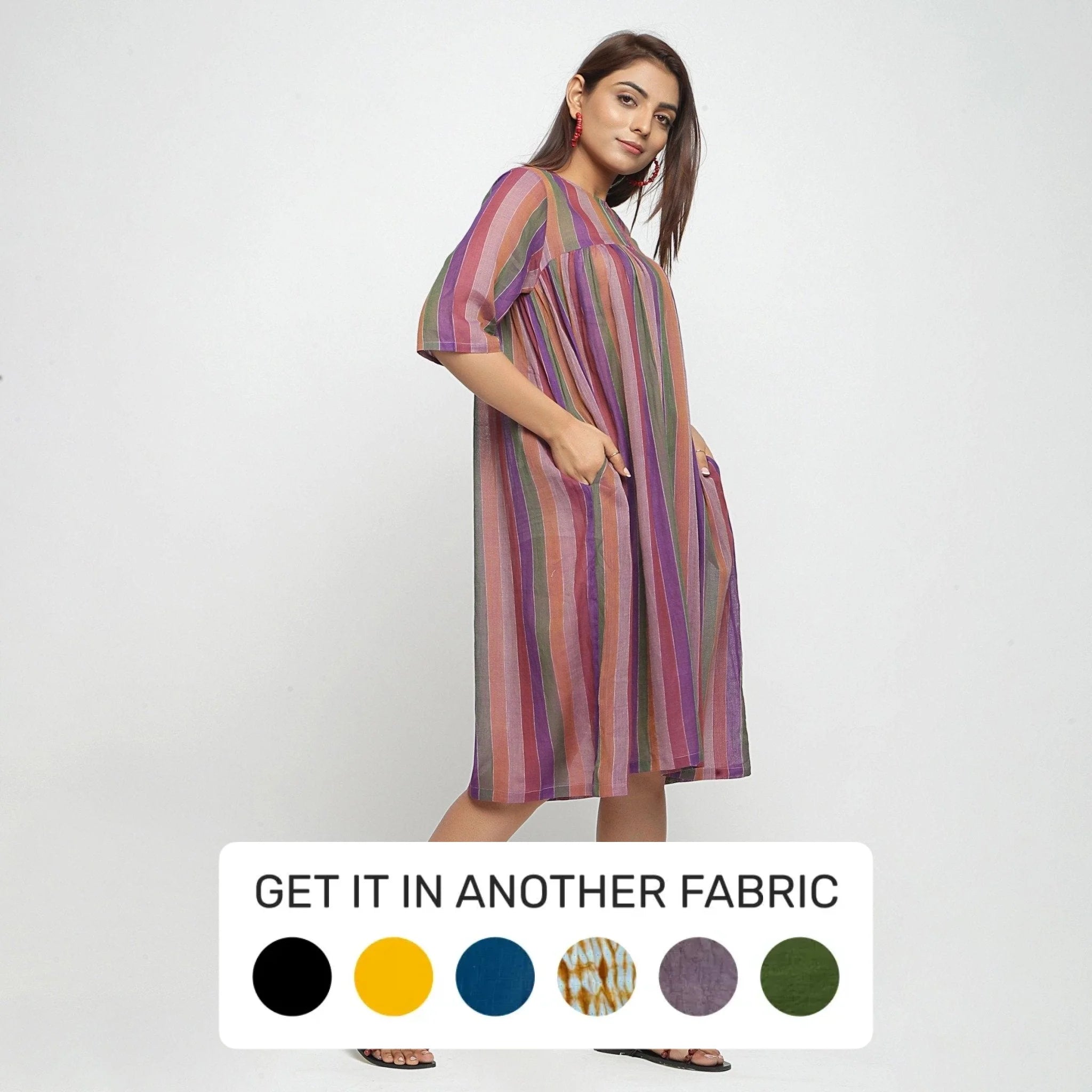 Multicolor Striped Handwoven Cotton Round Neck Yoked Dress Velvet unclassified dresses