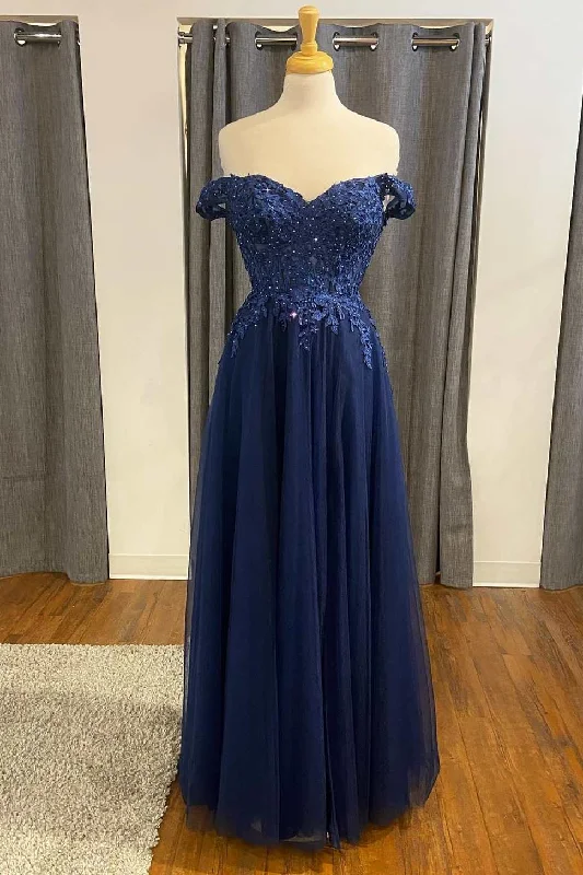 Navy Blue Appliques Off-the-Shoulder A-Line Formal Dress Lightweight unclassified dresses