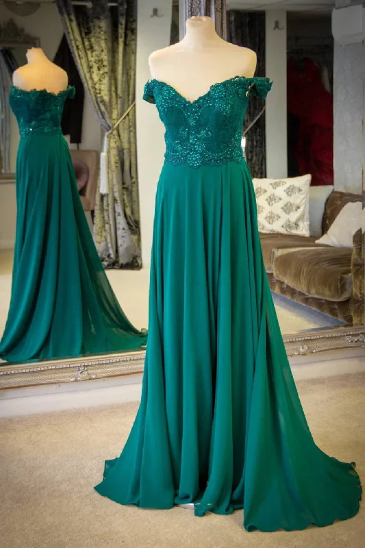 Off the Shoulder A-Line Chiffon Emerald Green Prom Dress Smocked unclassified dresses