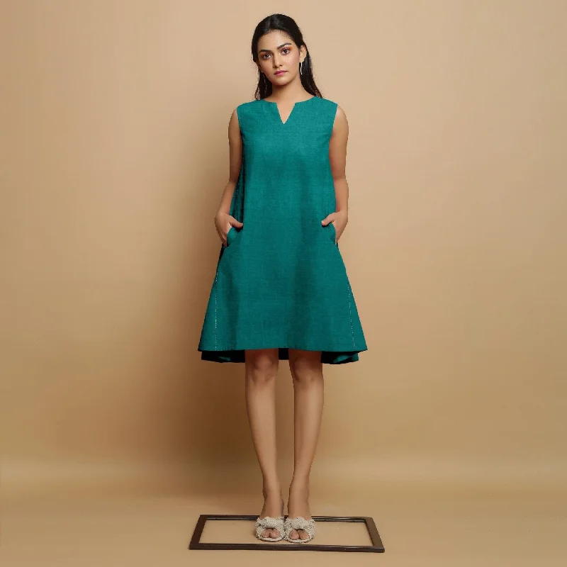 Pine Green Cotton Linen Hand Embroidered Knee-Length Godet Dress Knitted unclassified dresses