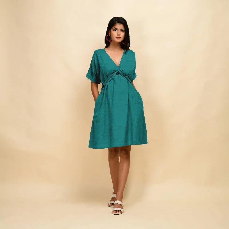 Pine Green Cotton Linen V-Neck Knee Length Blouson Dress Unique unclassified dresses