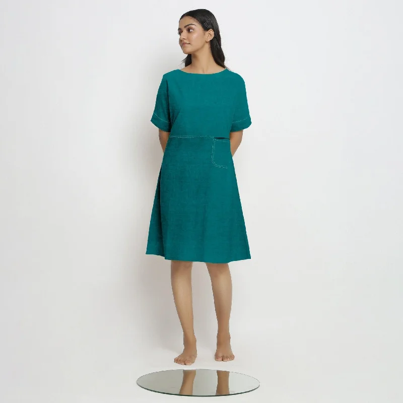 Pine Green Cotton Linen Yoked Knee Length Shift Dress Open-back unclassified dresses