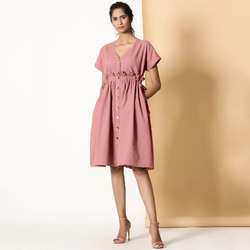 Powder Pink Warm Cotton Flannel Knee Length Frilled Dress Vacation unclassified dresses