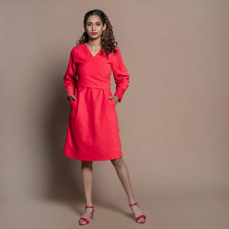 Red 100% Cotton Velvet Knee Length Wrap Dress Wedding guest unclassified dresses