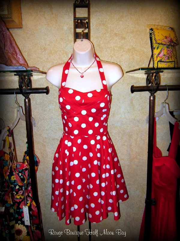 Retro red with white polka dots halter dress Smocked unclassified dresses