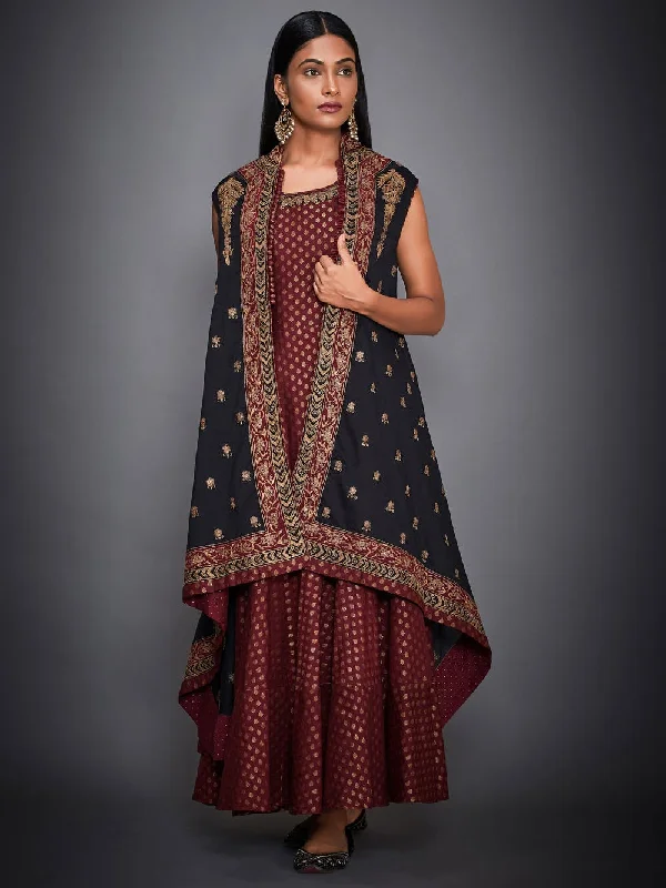 RI Ritu Kumar Black & Burgundy Tiered Dress With Jacket Off-shoulder unclassified dresses