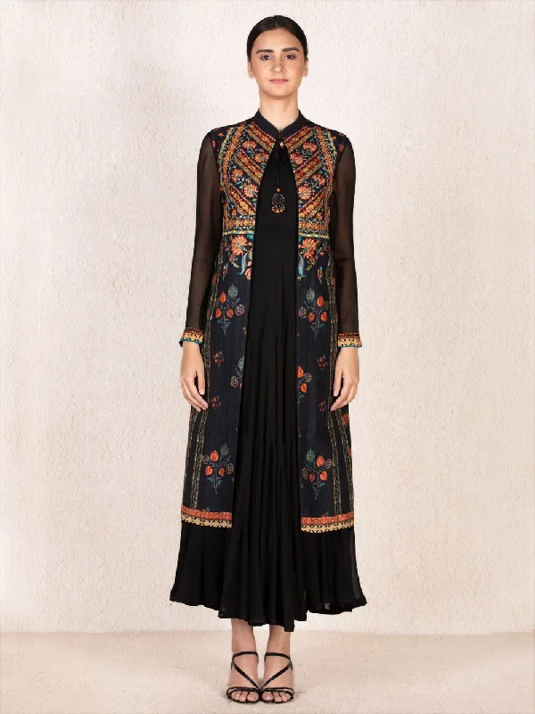 RI Ritu Kumar Black & Mustard Embroidered Dress With Jacket Metallic unclassified dresses