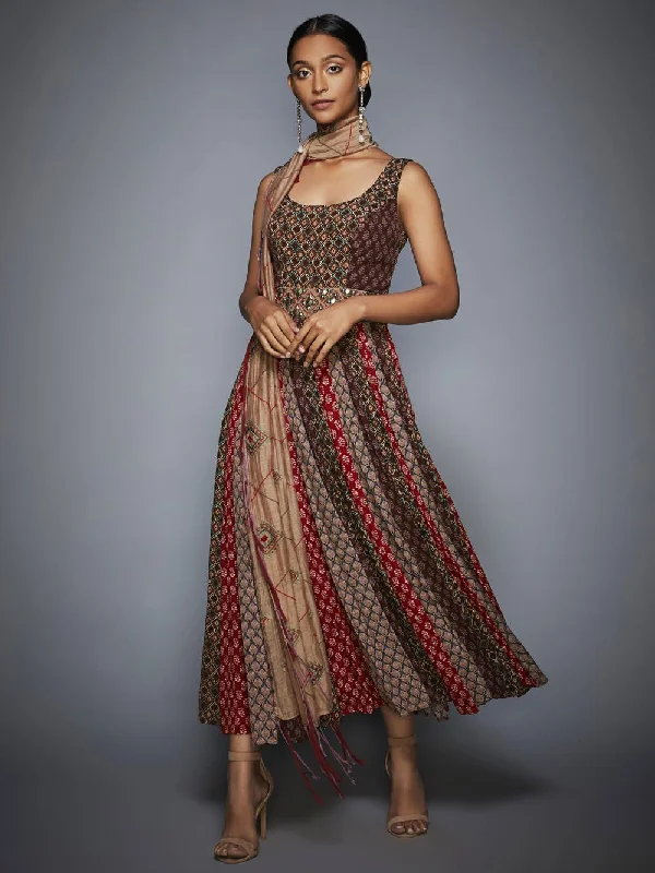 RI Ritu Kumar Brown & Beige Embroidered Dress With Sash Casual chic unclassified dresses