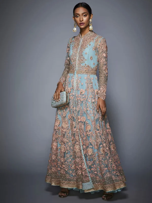 RI Ritu Kumar Powder Blue Dress with Embroidered Jacket Backless unclassified dresses