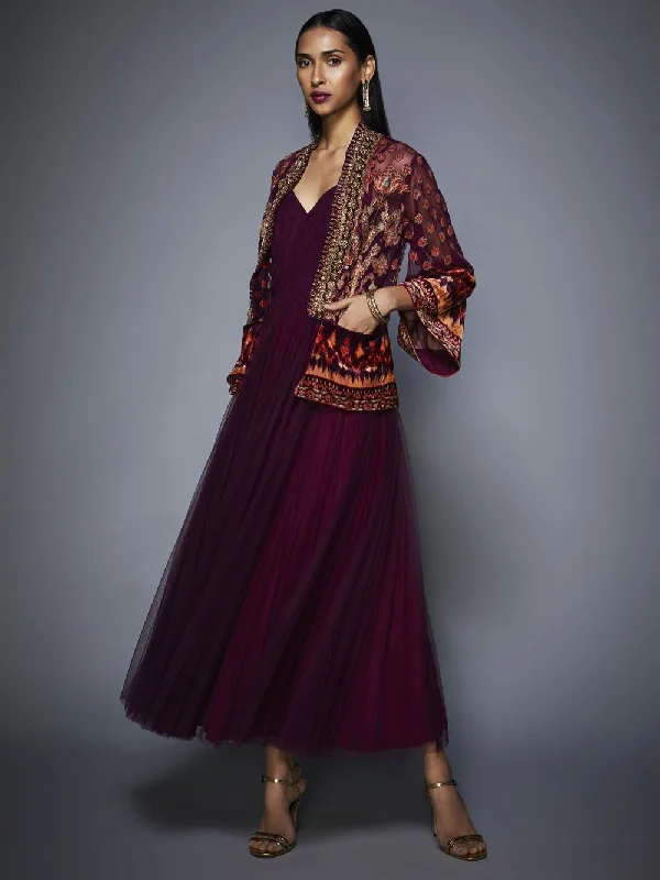 RI Ritu Kumar Prune Velvet Dress with Embroidered Jacket Trendy unclassified dresses