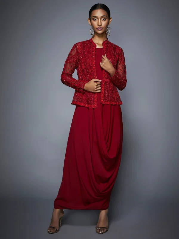 RI Ritu Kumar Red Cowl Dress with Jacket Comfortable unclassified dresses