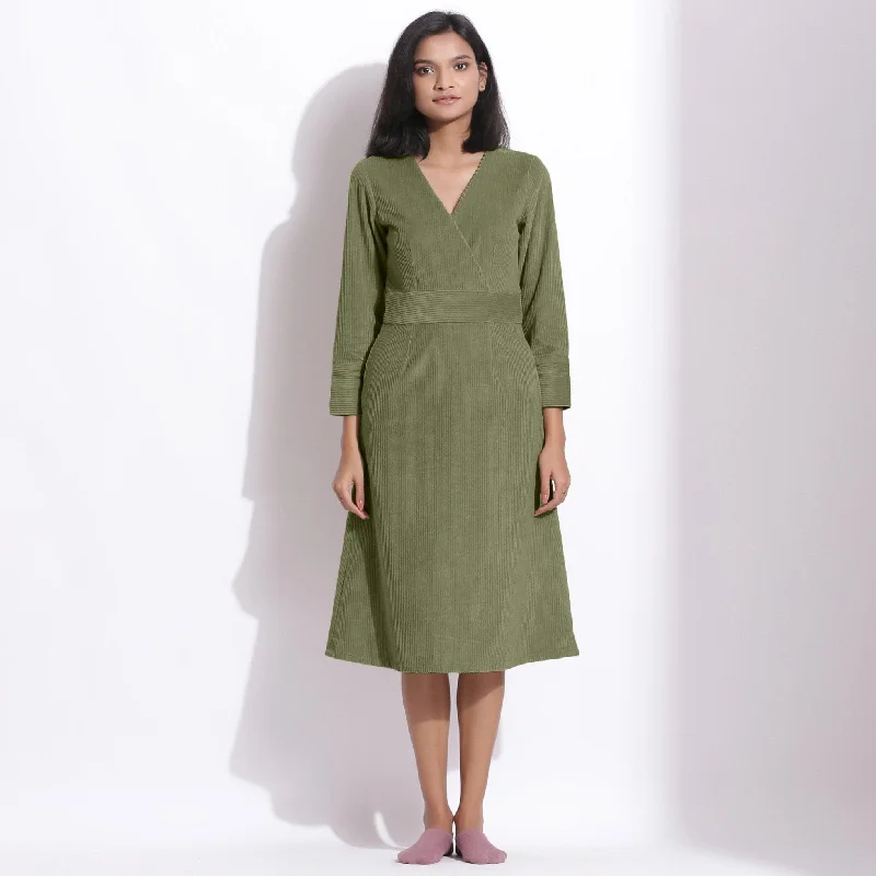 Sage Green Warm Cotton Corduroy Knee Length Dress Embroidered unclassified dresses