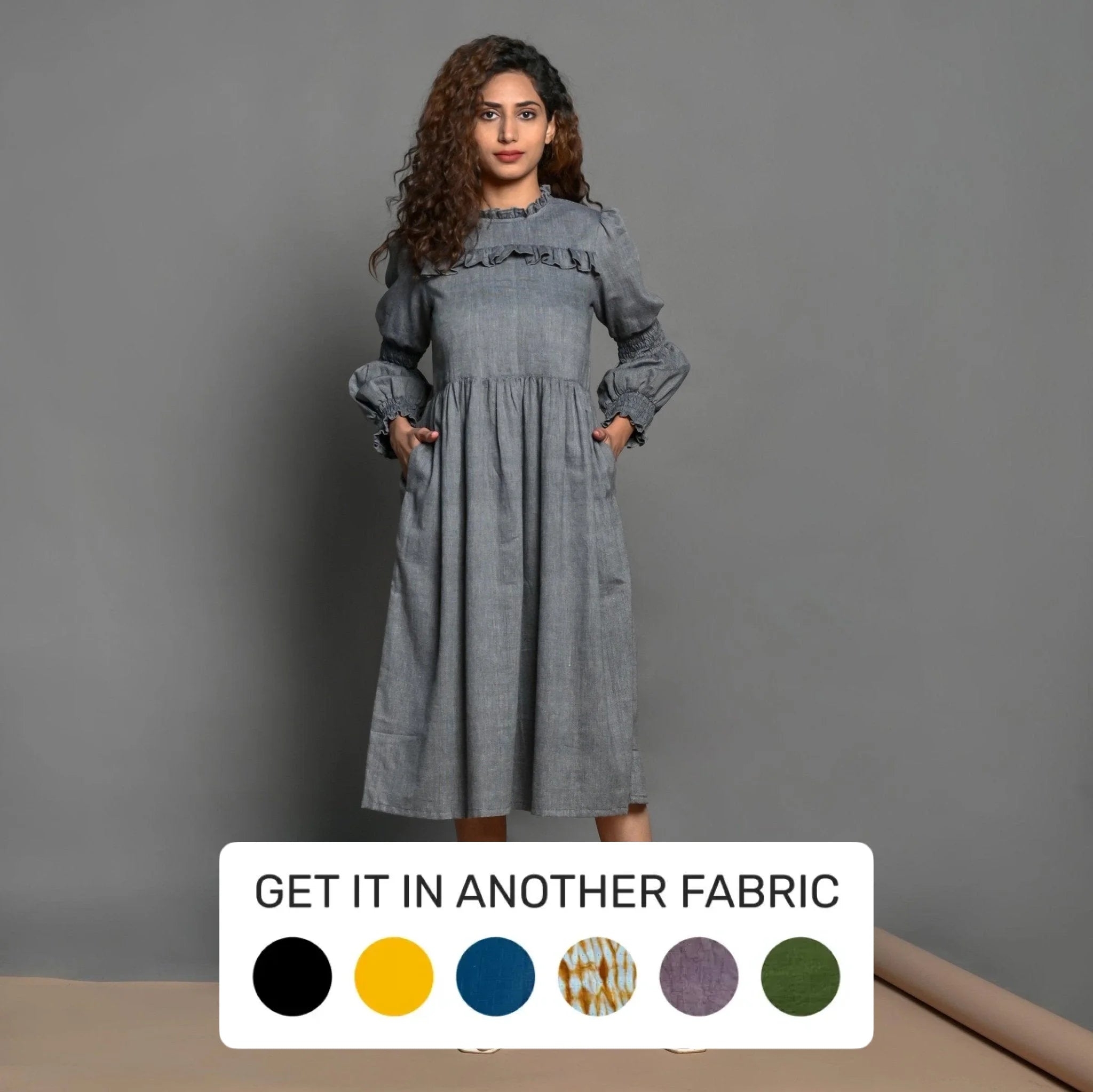 Slate Grey Handspun Cotton Knee Length Frilled Peasant Dress Casual unclassified dresses