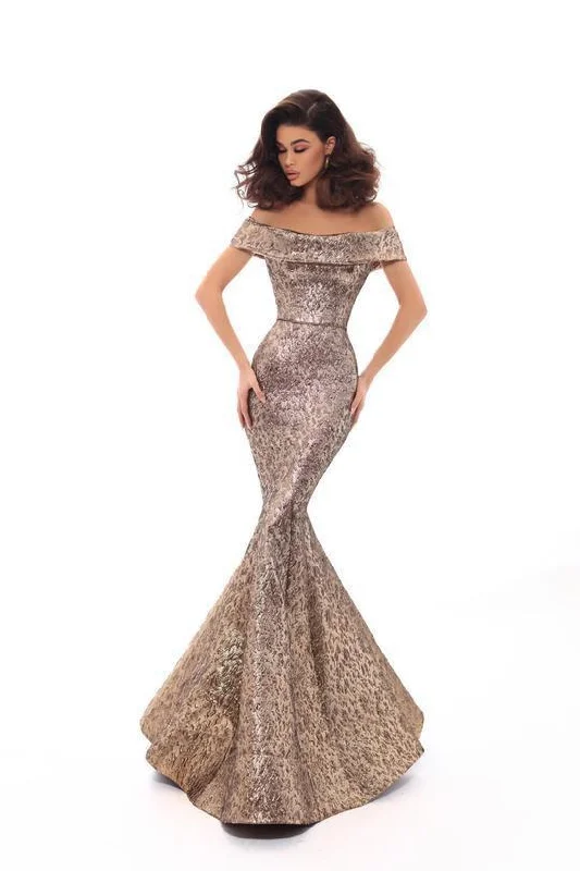 Tarik Ediz - Off Shoulder Evening Dress with Train 93622 Metallic unclassified dresses