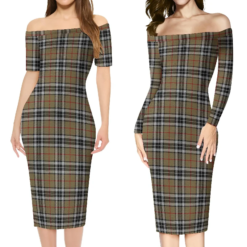 Thomson Camel Tartan Off Shoulder Lady Dress Trendy unclassified dresses