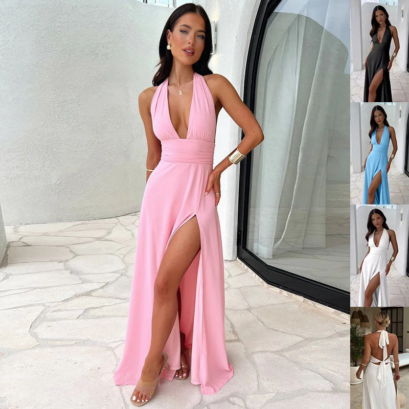 Women's Sexy Halterneck V-Neck Slit Dress - Backless Summer Fashion Graduation unclassified dresses