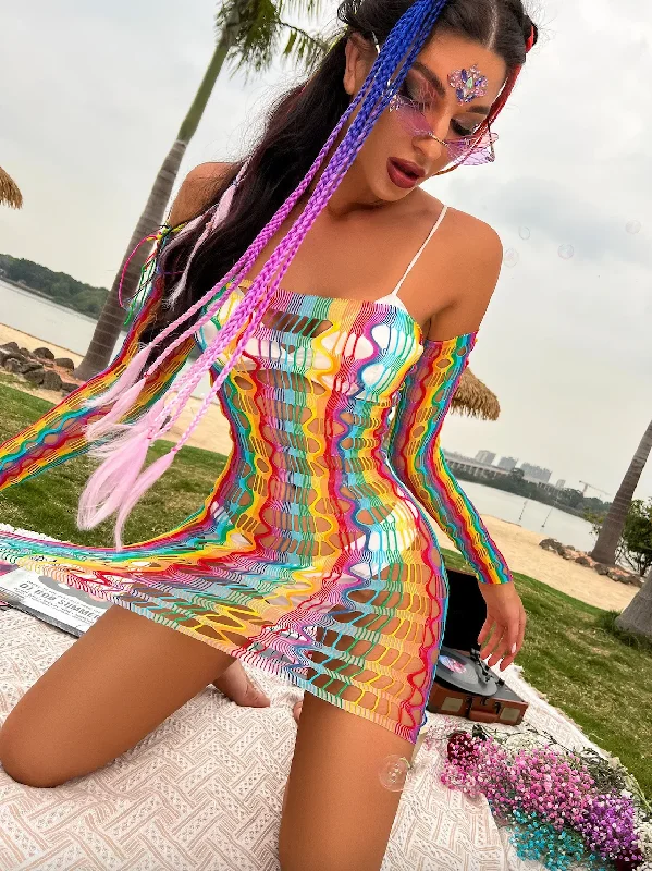 Women's Summer Rainbow Lingerie Fishnet Bodysuit Dress Petite unclassified dresses