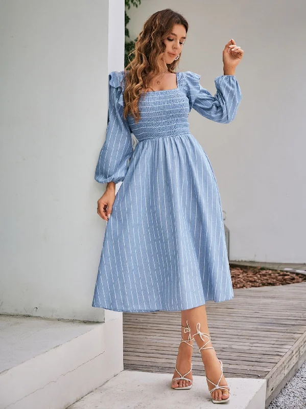 Women's Summer Ruffle Lantern Sleeved Stripes Blue Dress Plus size unclassified dresses