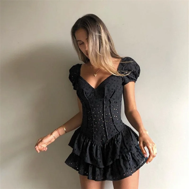 Women's Summer/Spring Pleated Puff Sleeve V-Neck Dress with Ruffles Halter unclassified dresses