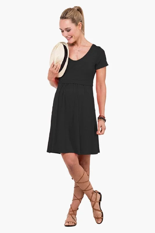 Betsy V-Neck Short Sleeve Nursing Dress Black Mini Skirt Style