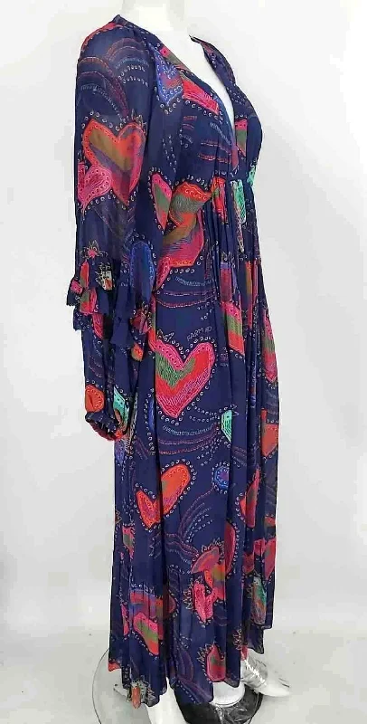 FARM RIO Blue Pink Multi Heart Maxi Length Size SMALL (S) Dress V-neck Maxi Skirt