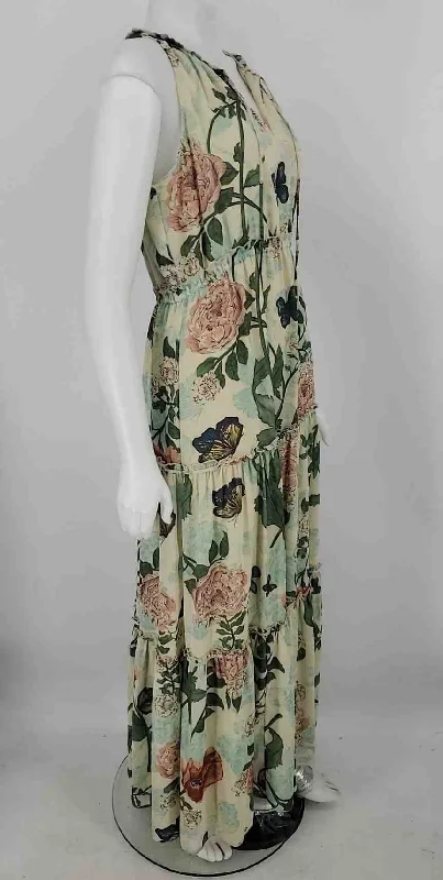 MAEVE - ANTHROPOLOGIE Beige Green Multi Floral Print Maxi Length Dress Pleated A-line Skirt