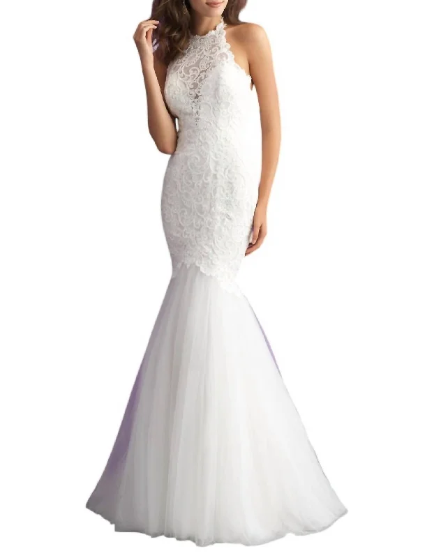 Lace Halter Mermaid Gown With Low Back In Ivory/ivory Sheer Lace Dress