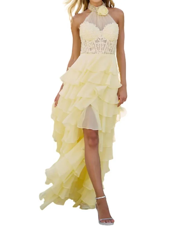 Tiered Ruffle Lace Bodice Gown In Yellow Lace Dress Trend