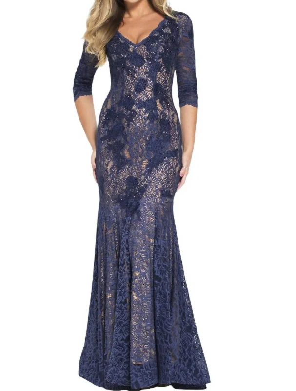 V Neck Embroidered Lace Evening Dress In Navy Lace Cocktail Gown