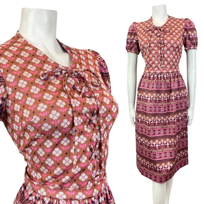 VINTAGE 60s 70s BROWN PINK WHITE GEOMETRIC DAISY LACE-UP BOHO FOLK MOD DRESS 10 Lace Dress Glam