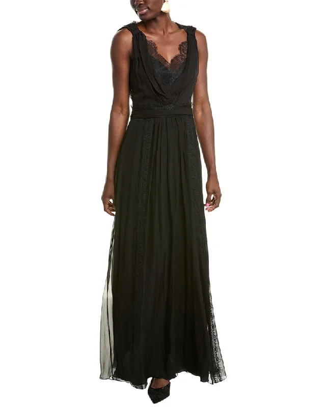 Alberta Ferretti Lace Trim Silk Gown Flowy Lace Dress