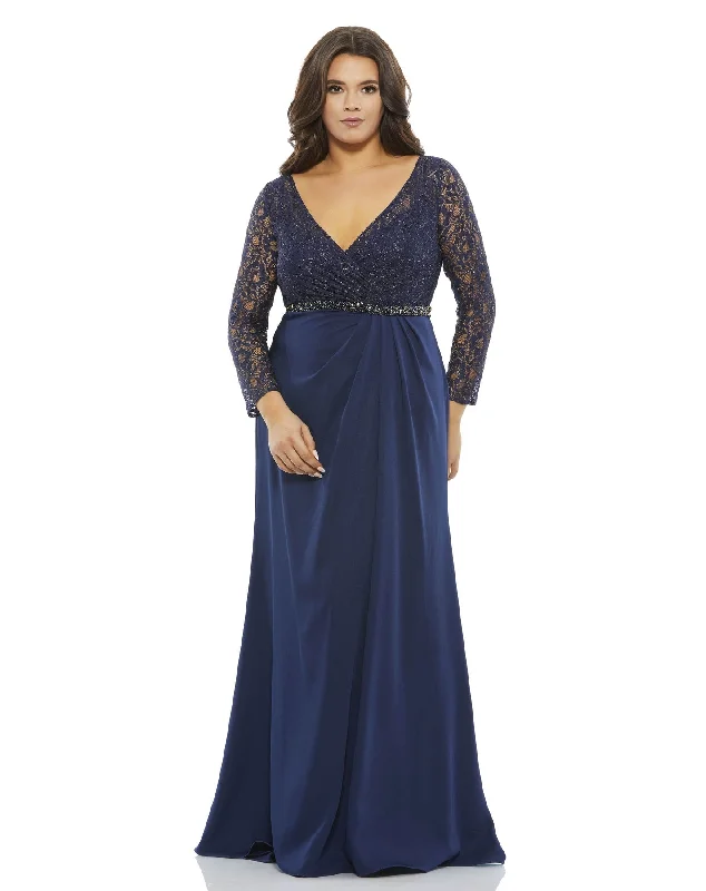 Lace Illusion Long Sleeve V-Neck Draped Gown (Plus) Lace Dress Fit