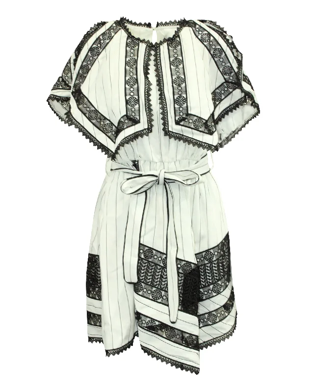 Self-Portrait Monochrome Striped Handkerchief Dress with Lace in White Polyester Lace Evening Gown