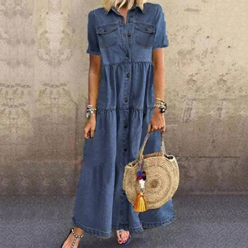 Denim style long multi-buckle distressed dress Denim Skirt Style