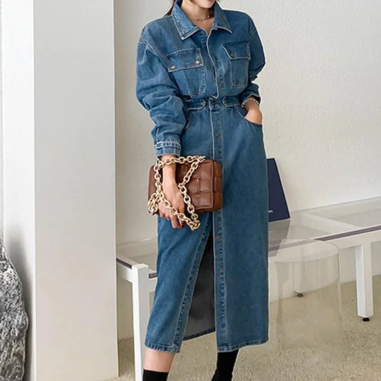 Korean style slim denim dress female waist single breasted Elegant Denim Skirt