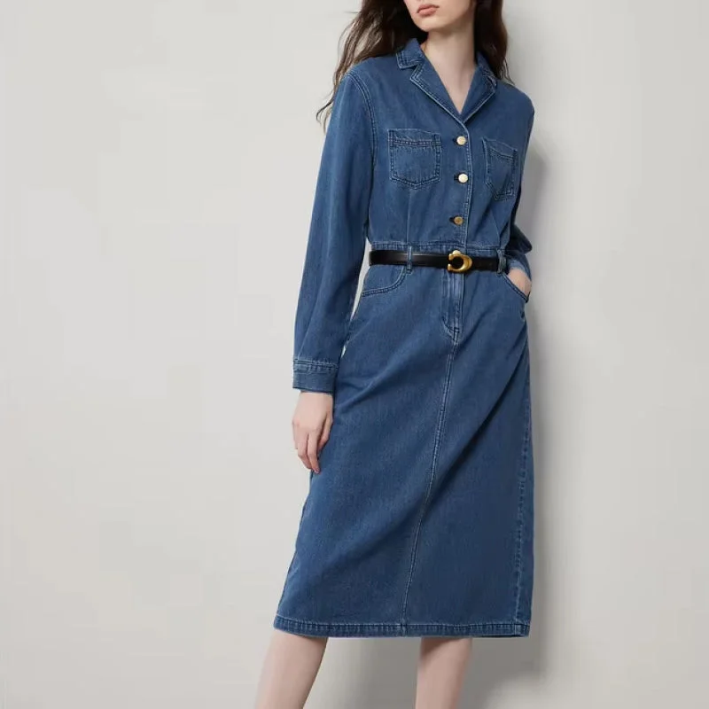 Mid-Length Denim A-Line Dress with Lapel Collar and Long Sleeves Button Detail Denim